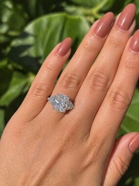 Elongated Cushion Cut Lab Diamond Three-Stone Engagement Ring in Platinum